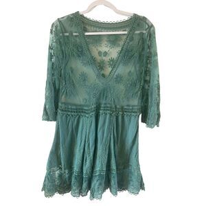 Floral Pattern Embroidered crochet Lace Swimwear Cover ups Tunic Dress M Green